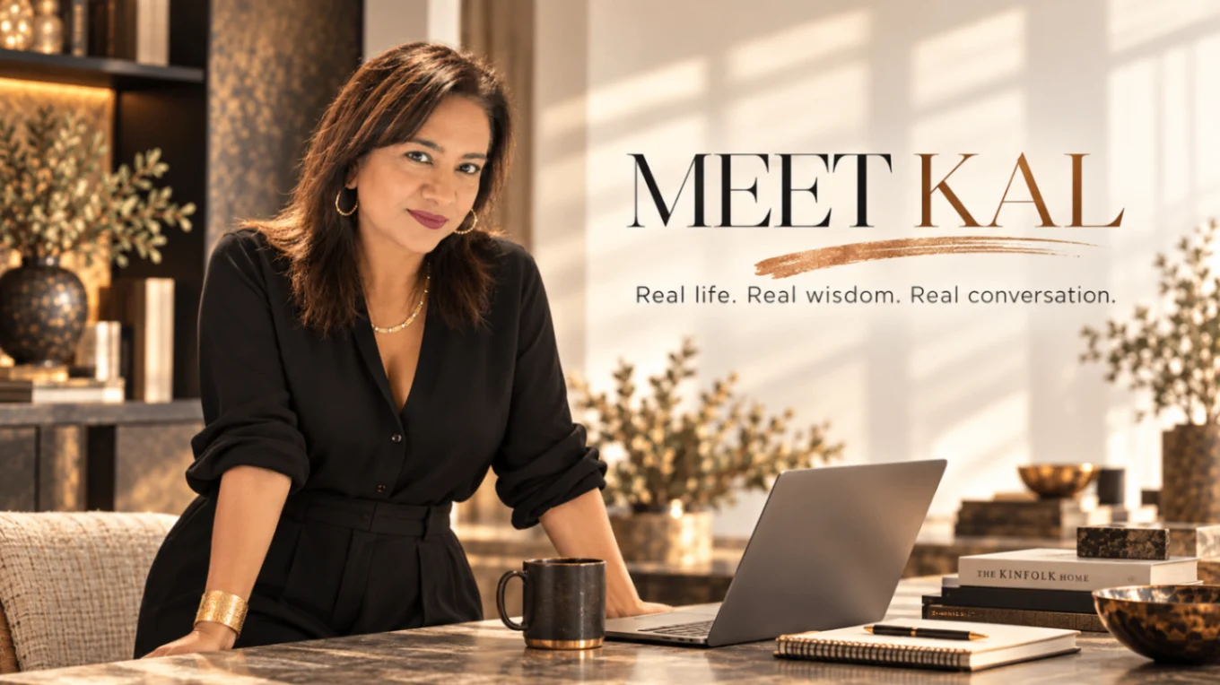 Kal seated at a desk beneath the Meet Kal wordmark
